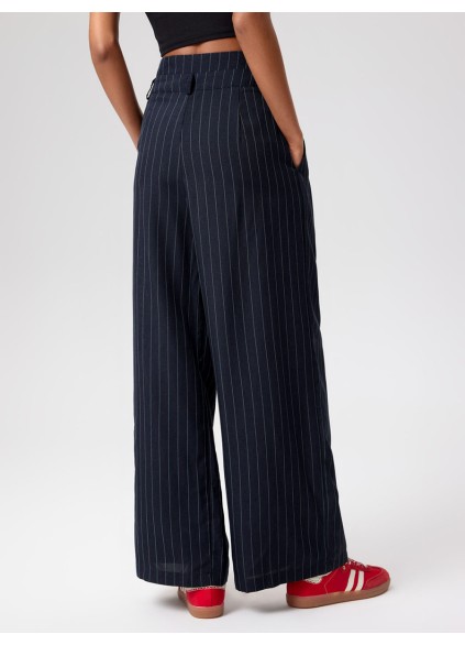 Mid Waist Striped Pleated Button Trousers