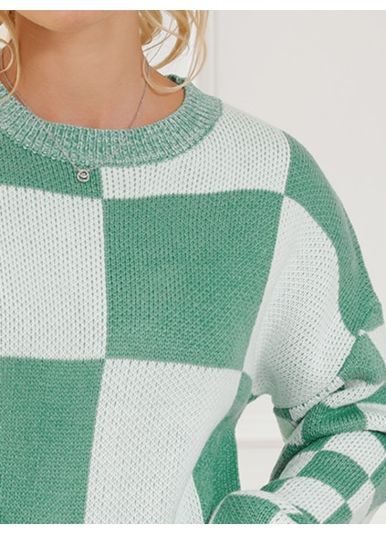 Mint Green Checkered Print Drop Shoulder Sweater