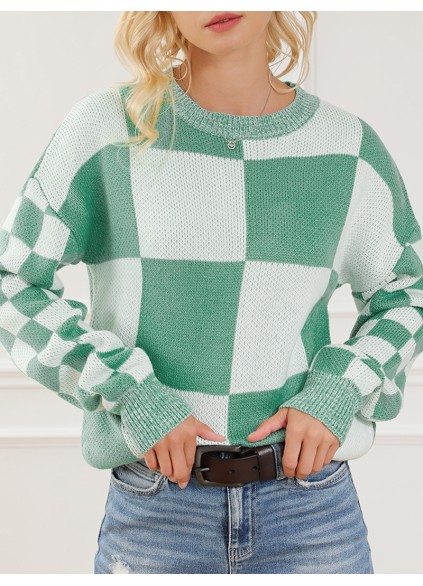 Mint Green Checkered Print Drop Shoulder Sweater