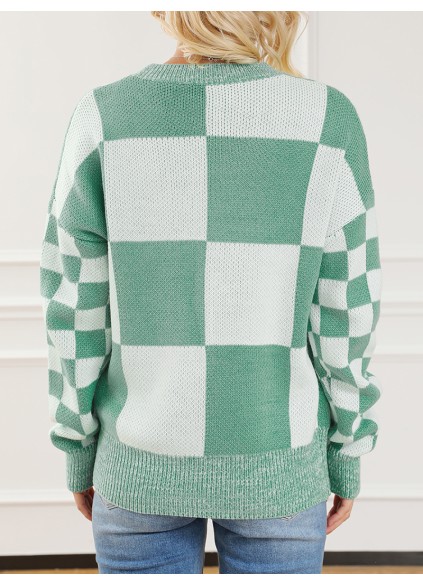 Mint Green Checkered Print Drop Shoulder Sweater