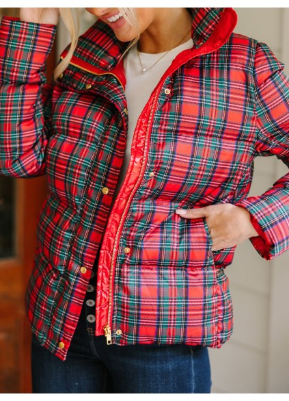 Red Tartan Plaid Puffer Jacket