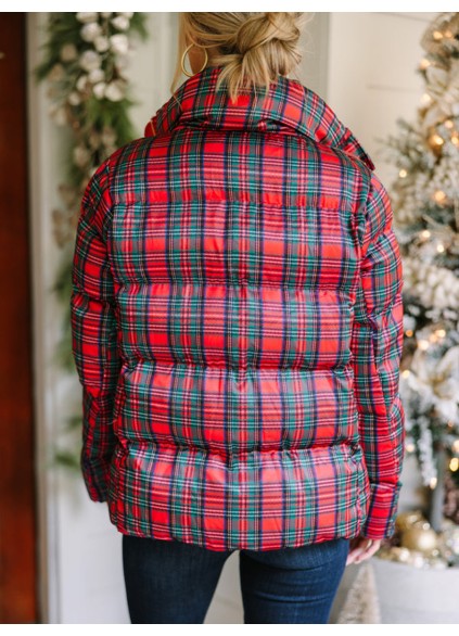 Red Tartan Plaid Puffer Jacket