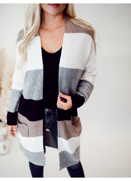 Multi color striped color block pocket knitted cardigan