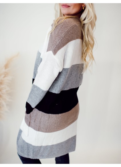 Multi color striped color block pocket knitted cardigan