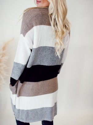 Multi color striped color block pocket knitted cardigan