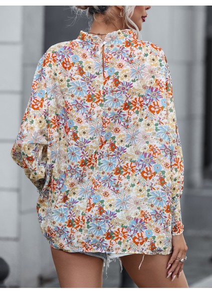 Multicolor Shirred Cuffs Bubble Sleeve Floral Blouse