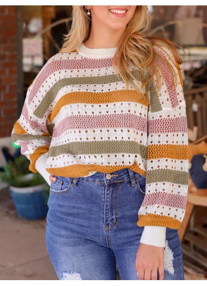 Multicolor Striped Hollowed Knitted Loose Sweater