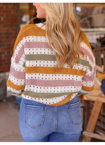 Multicolor Striped Hollowed Knitted Loose Sweater