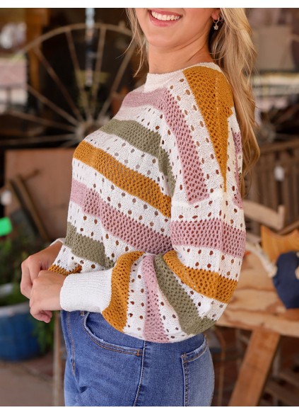 Multicolor Striped Hollowed Knitted Loose Sweater