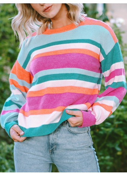 Multicolor Striped Knit Drop Shoulder Puff Sleeve Sweater