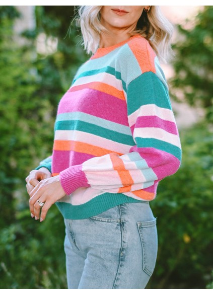 Multicolor Striped Knit Drop Shoulder Puff Sleeve Sweater