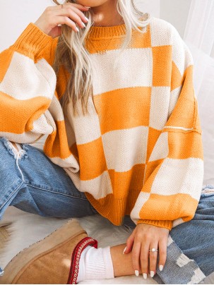 Orange Checkered Bishop Sleeve Sweater