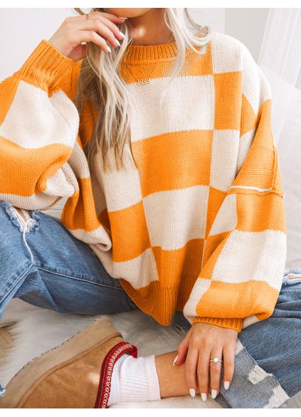 Orange Checkered Bishop Sleeve Sweater