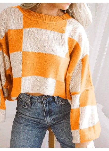 Orange Checkered Bishop Sleeve Sweater