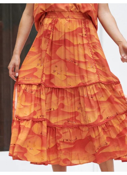 Orange V-neck cross neckline print waist dress