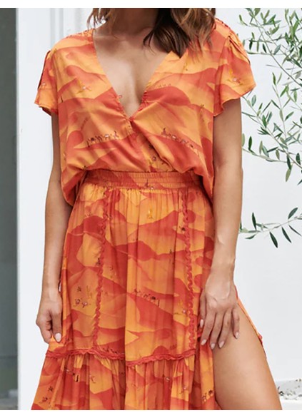 Orange V-neck cross neckline print waist dress