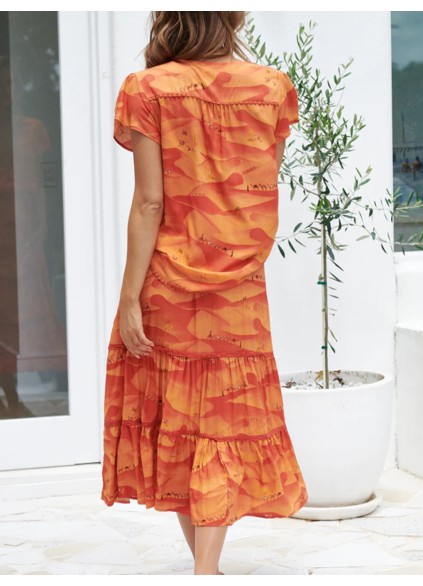 Orange V-neck cross neckline print waist dress