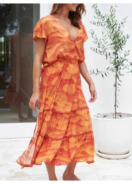 Orange V-neck cross neckline print waist dress