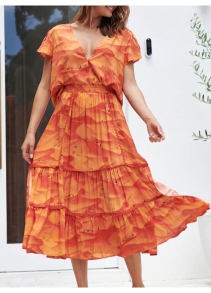 Orange V-neck cross neckline print waist dress