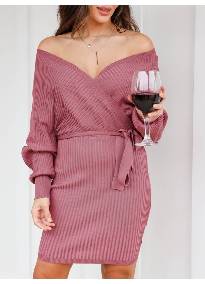 Pink V-neck Lace up Sweater Dress