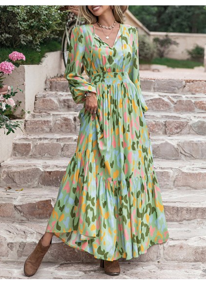 Printed Tie Neck Long Sleeve Maxi Dress