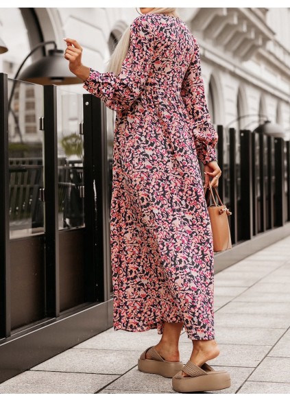 Printed V-Neck Long Sleeve Maxi Dress