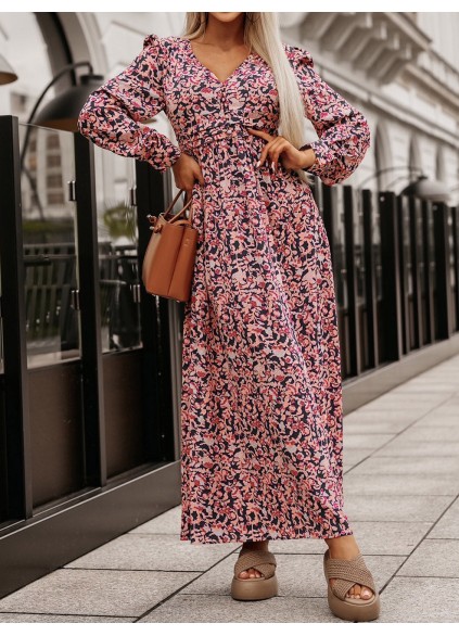 Printed V-Neck Long Sleeve Maxi Dress