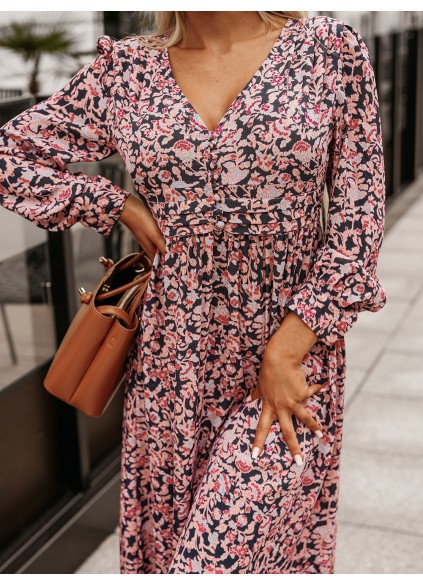 Printed V-Neck Long Sleeve Maxi Dress