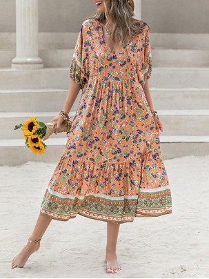 Printed V-Neck Short Sleeve Midi Dress