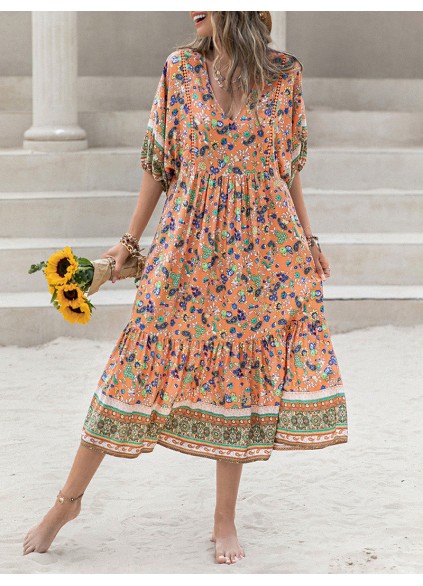 Printed V-Neck Short Sleeve Midi Dress