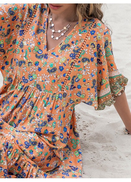 Printed V-Neck Short Sleeve Midi Dress