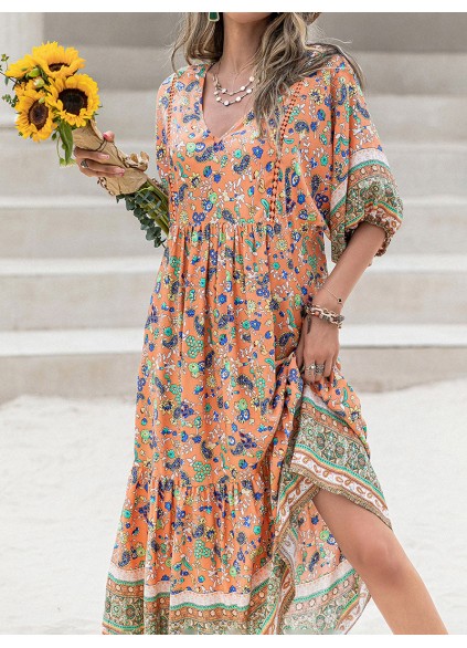 Printed V-Neck Short Sleeve Midi Dress