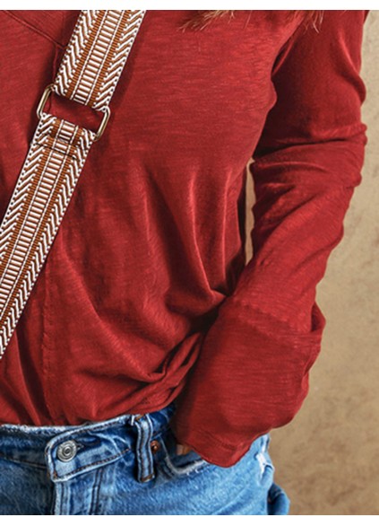 Red Sandalwood V Neck Center Seam Long Sleeve Tee