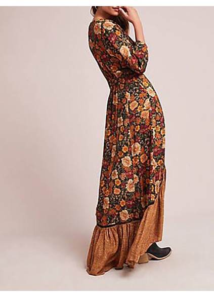 Retro Long Sleeve Printed Long Dress