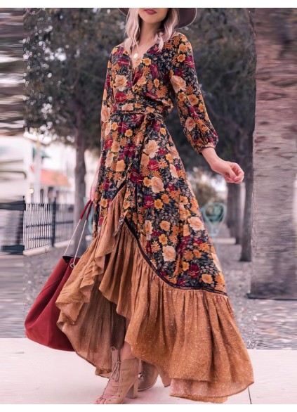 Retro Long Sleeve Printed Long Dress