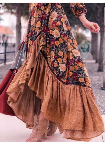 Retro Long Sleeve Printed Long Dress