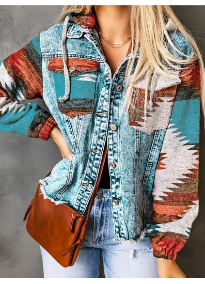 Retro print patchwork hooded denim jacket