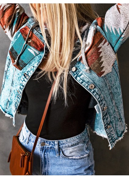 Retro print patchwork hooded denim jacket