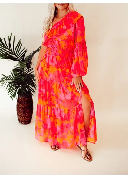 Rose Orange Flower Single Shoulder Long Dress