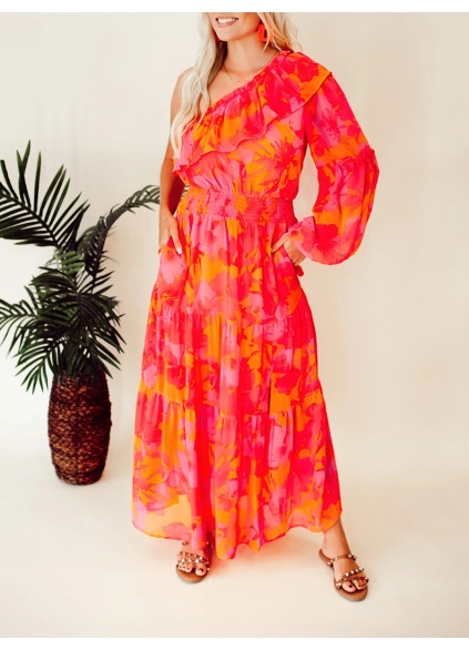 Rose Orange Flower Single Shoulder Long Dress