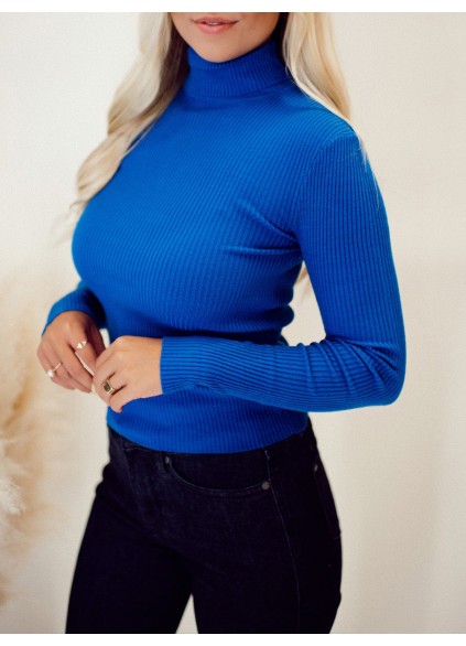 Women's Blue Rib Knitted High Neck Sweater