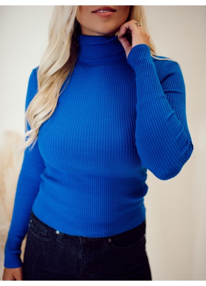 Women's Blue Rib Knitted High Neck Sweater