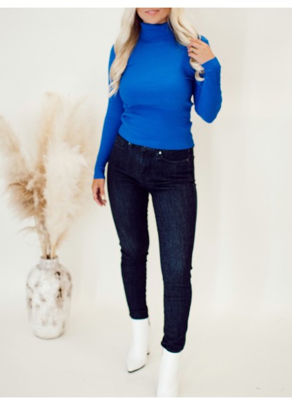 Women's Blue Rib Knitted High Neck Sweater