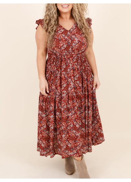 Ruffled Short Sleeve Cashew Nut Print Long Dress