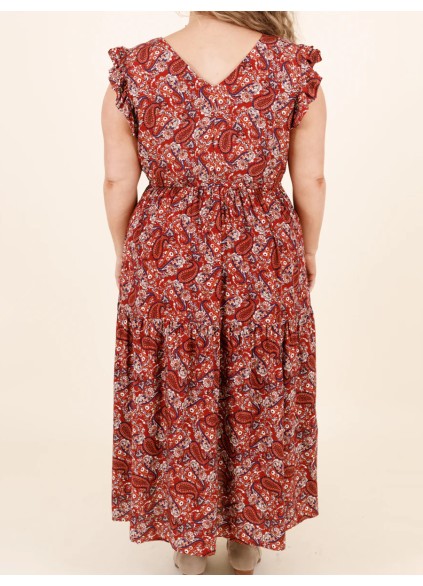 Ruffled Short Sleeve Cashew Nut Print Long Dress