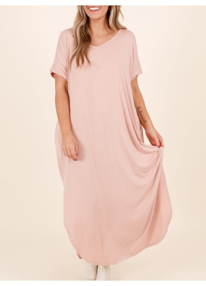 Short sleeved ultra long dress with curved split hem