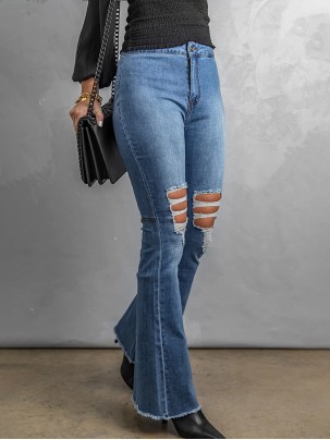 Solid color classic ripped knee jeans