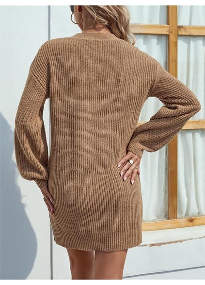 Solid Color V-neck Button Mid-length Women's Sweater Dress