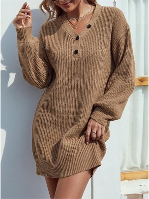 Solid Color V-neck Button Mid-length Women's Sweater Dress