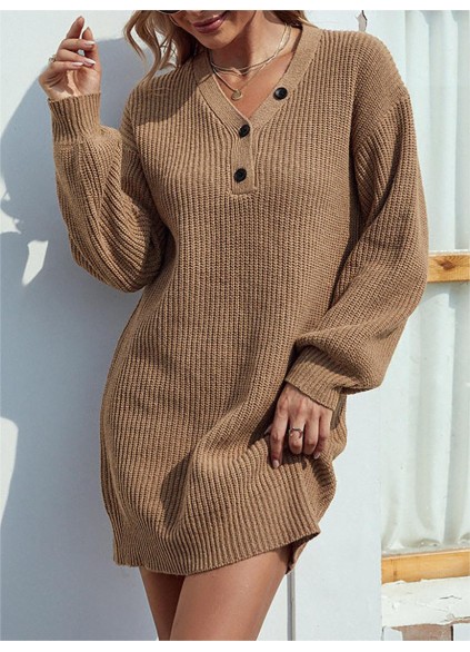 Solid Color V-neck Button Mid-length Women's Sweater Dress